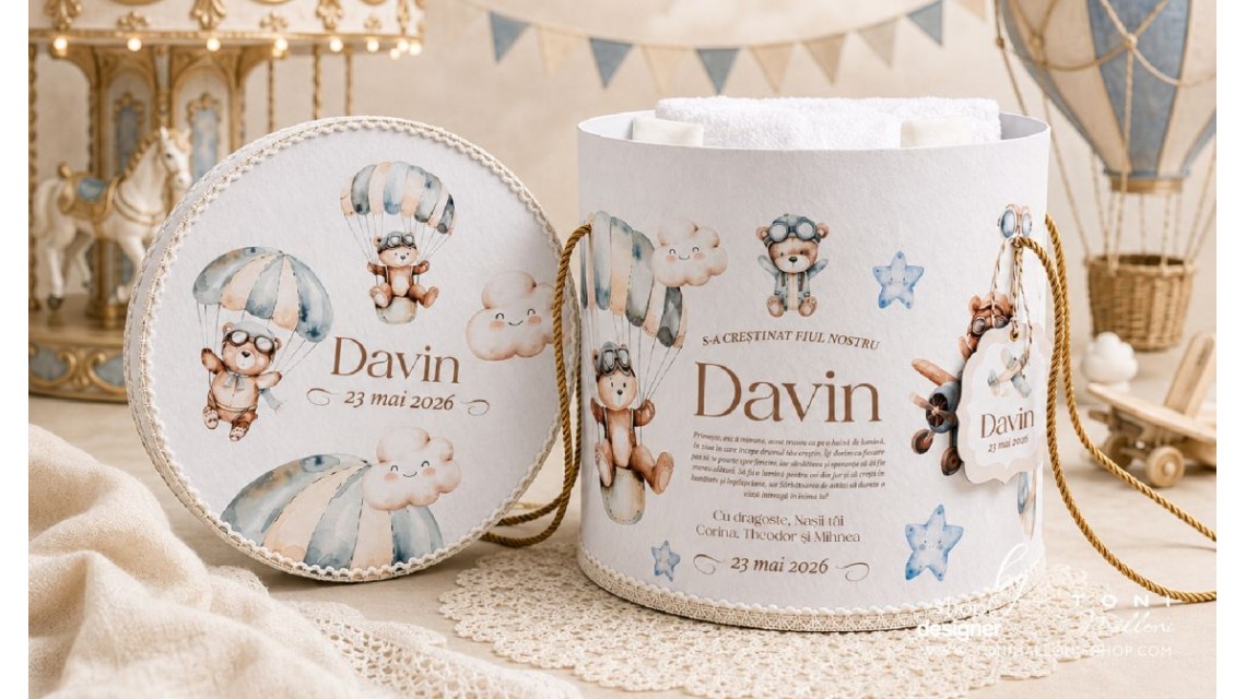 Trusou Botez Băieți Little Aviator Ursuleț Aviator Personalizat Bleu Pudrat si Ivory 9